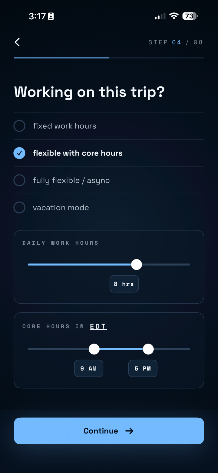 Noma preview showing work-style inputs for trip planning.